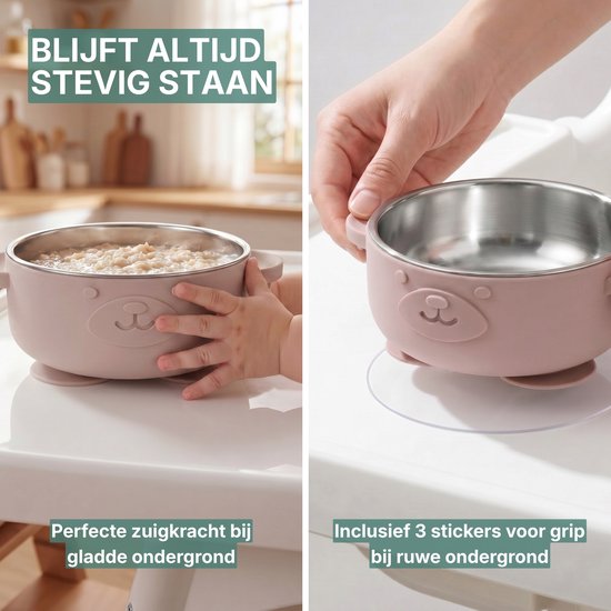 Broemba RVS Baby Bord met zuignap + Baby Bestek - 100% BPA-vrij Kinderservies - Kommetje met Lepel en Vork - Roze Baby Servies van Broemba — afbeelding 2