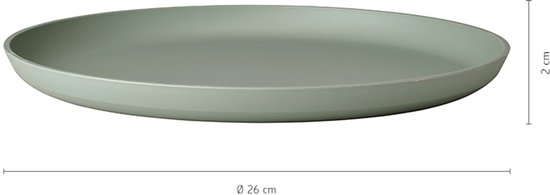 Een lichtgroen dinerbord van 26 cm doorsnede en 2 cm hoog.