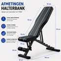 Zwarte verstelbare halterbank met blauwe accenten en afmetingen.