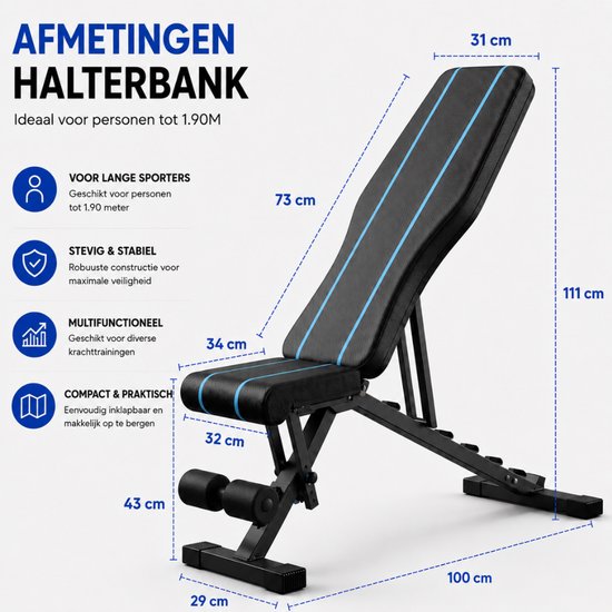 Zwarte verstelbare halterbank met blauwe accenten en afmetingen.