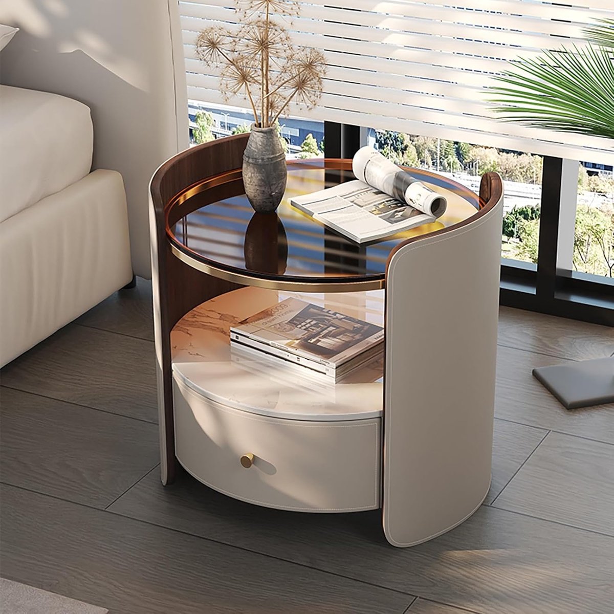 Nachtkastje Rond met Lade en Open Opbergrek - 50 cm Hoog - Luxe Lederlook Afwerking, Gehard Glas & Sintersteen Tafelblad - Modern Massief Houten Bijzettafel voor Slaapkamer en Woonkamer - Lichtgrijs - Mobili Bella