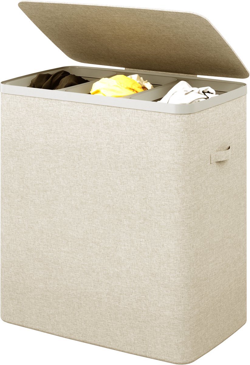 MAZAZU Wasmand 3 Vakken 120L – Deksel & Wassorteerder met Uitneembare Zakken - Beige