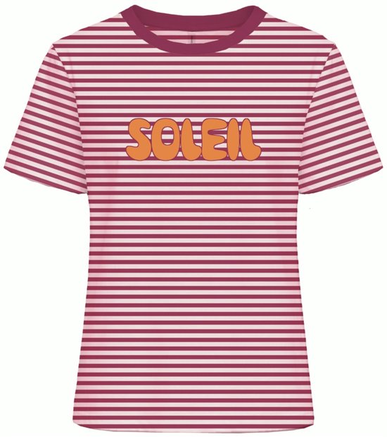 T-shirt rayé rose et blanc avec le mot 'SOLEIL' en orange sur le devant.