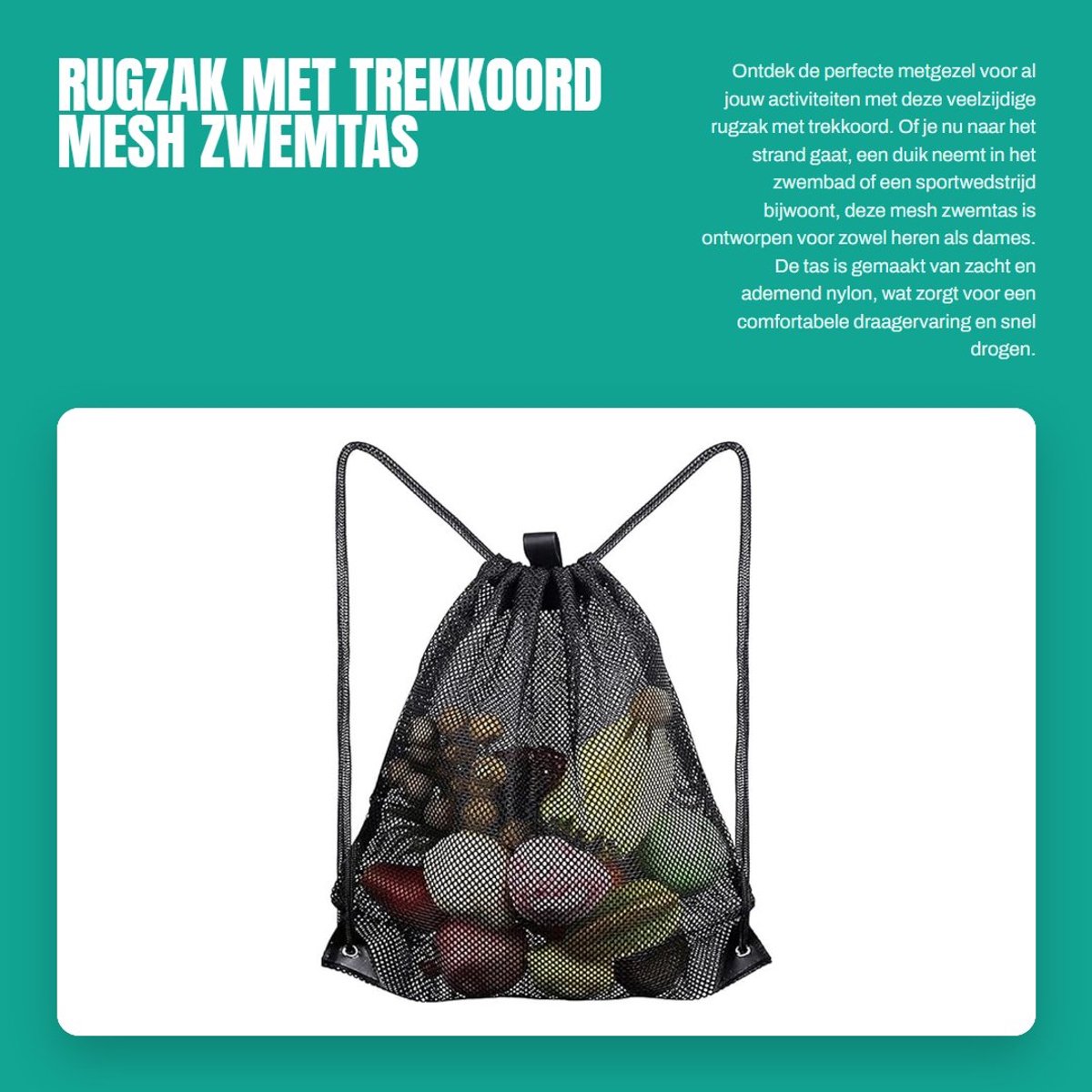 Dailygoods- Zwemtas met trekkoord - Mesh Rugzak - Duurzaam Nylon - 45 x 60 cm - Ademend en Lichtgewicht - Geschikt voor Strand en Sport - Sporttas