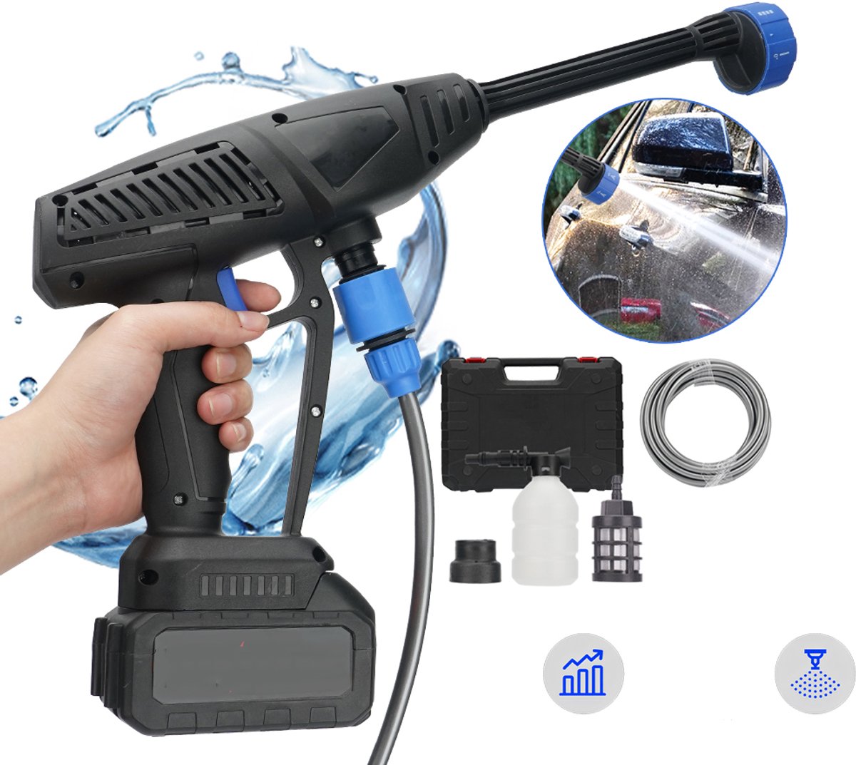 Accu-Hogedrukreiniger - 21 V Draadloos Hogedrukspuitpistool - Hogedrukspuit Met Twee 1200 mAh Accu's - 6-In-1 Multifunctioneel Mondstuk - Draagbaar Hogedrukspuitpistool Voor Auto Terras Ramen En Gazon