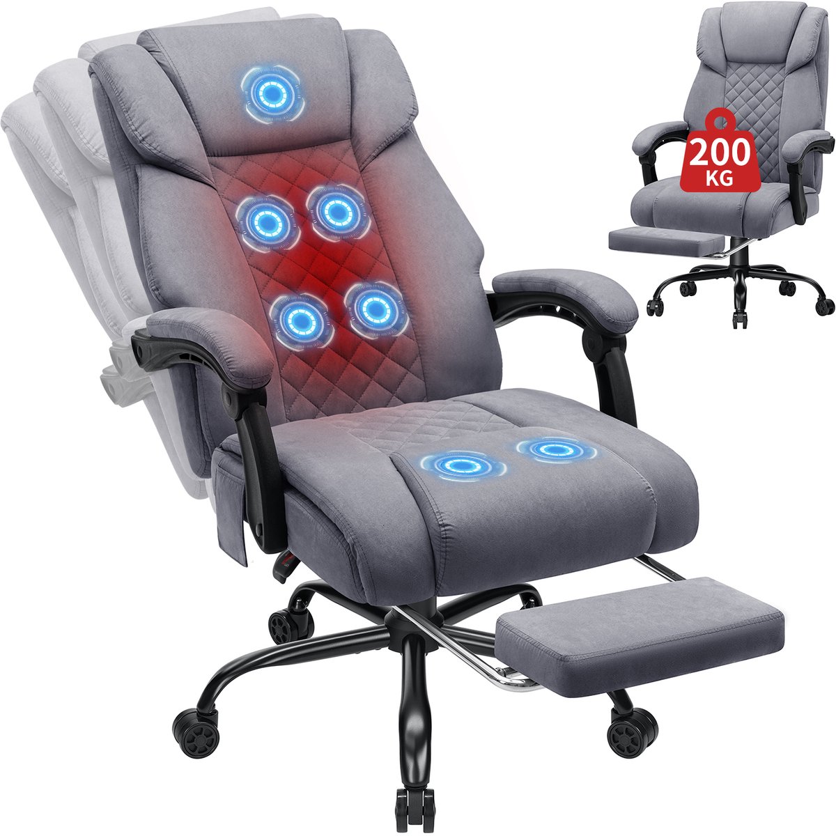 HOFFFREE Ergonomische Massage Bureaustoel – Kantoorstoel met Verwarming, 7 Massagepunten, Uitschuifbare Voetsteun, Verstelbare Rugleuning 90°–135° en Draagkracht tot 200 kg