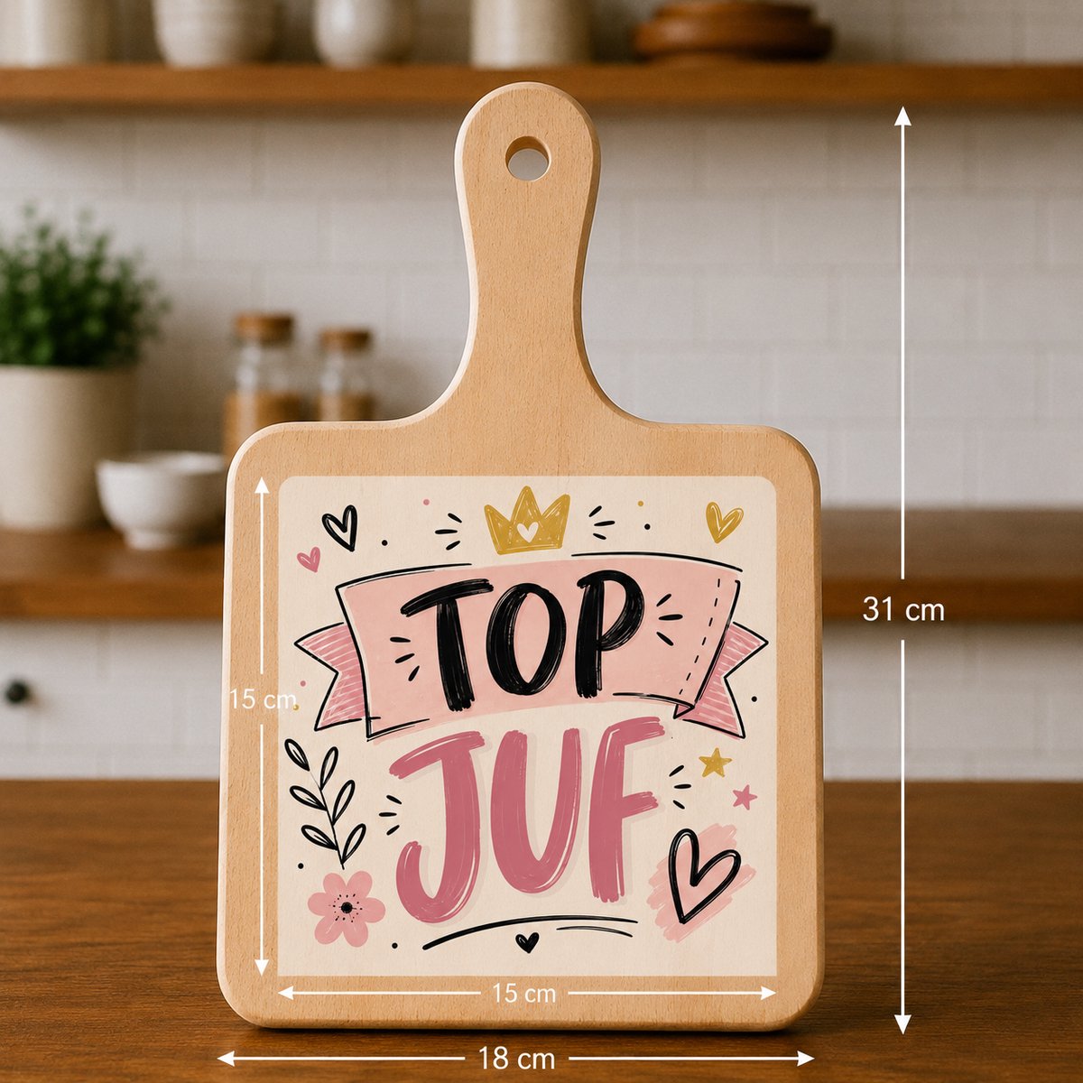 Kaasplank met Tegel Top Juf – Bedankcadeau voor Juf – Houten Serveerplank 18x31 cm met Tegel 15x15 cm – Cadeau Einde Schooljaar
