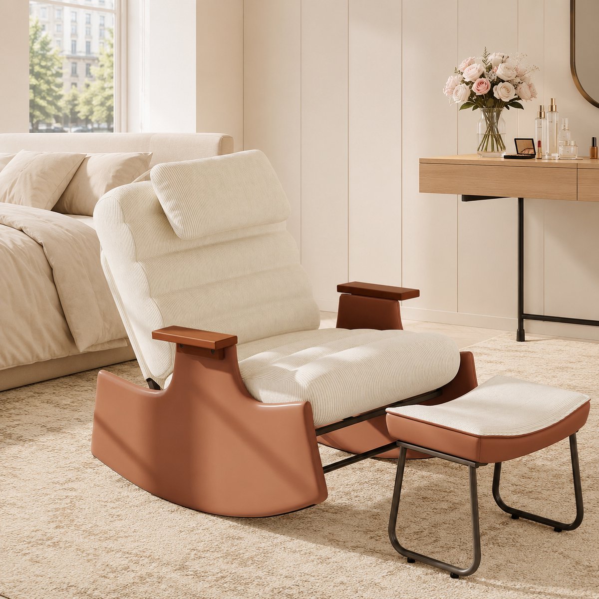 Schommelstoel met Voetbank en Hoofdkussen – 3 Posities - Fauteuil voor de woonkamer - Voedingsstoel voor de babykamer – TV-stoe - loungestoel - Relaxstoel - corduroy - Beige
