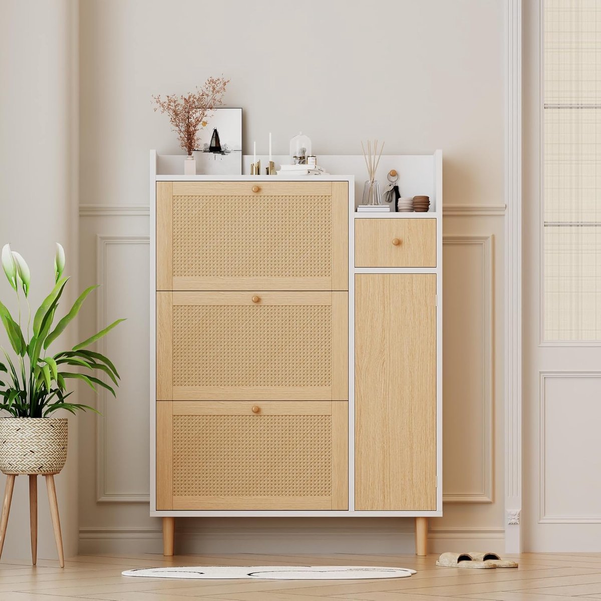 Schoenenkast met Schuifladen & 4 Kleppen – House&Garden Smalle Schoenenkast 90x125x17 cm – Ultra Smal Schoenenkipper Hal/Gang – MDF Hout Massief Design – Schoenenrek met Open Vakken & Lade – Naturel Wit Opbergkast
