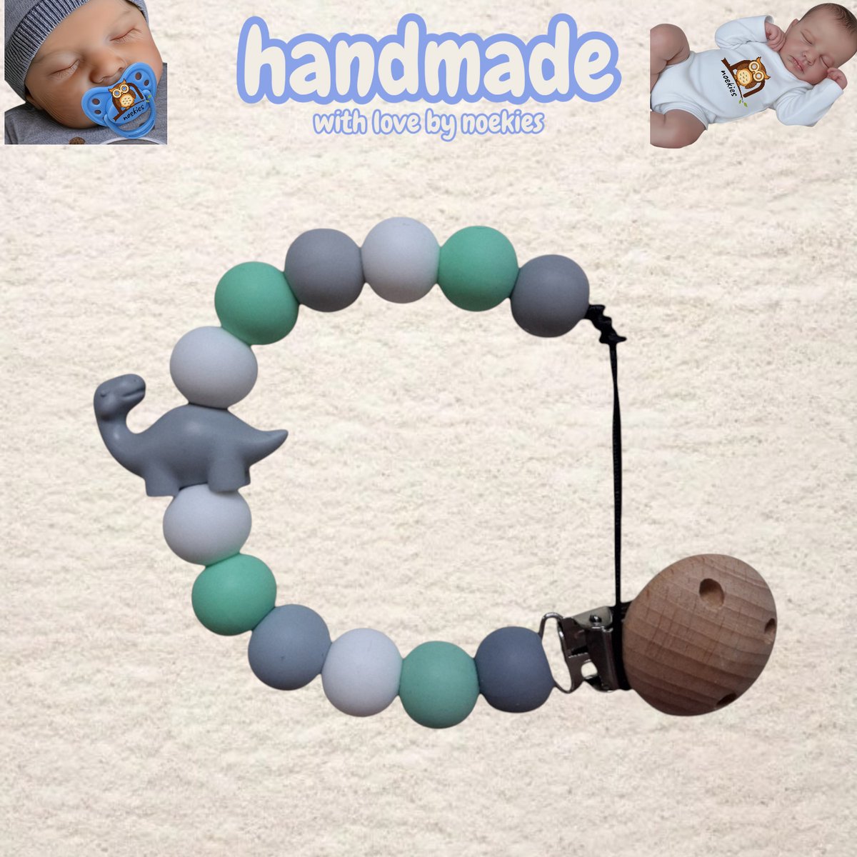 noekies Speenkoord Dino langnek mintgroen grijs Kraamcadeau - Speenketting - Babycadeau - Babyshower nr 16