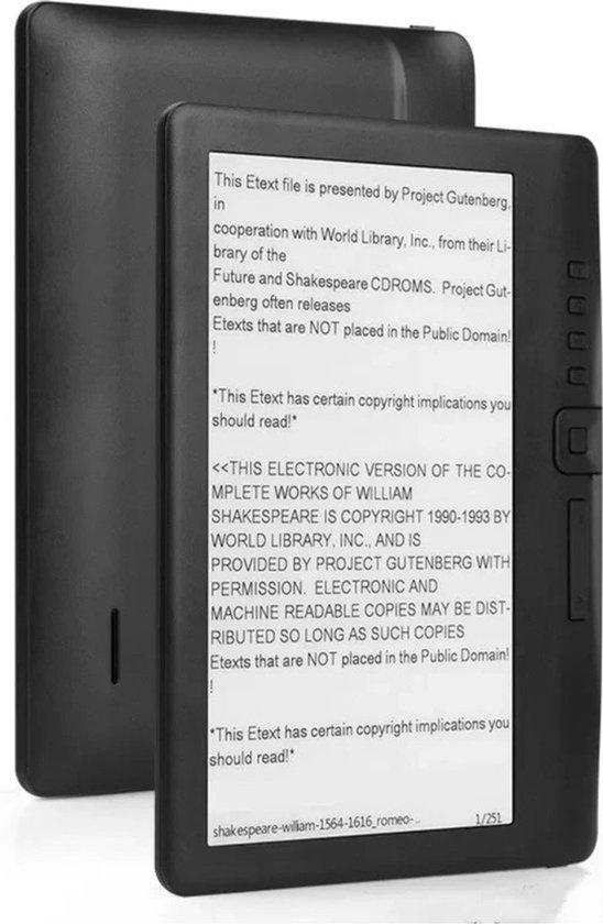 Zwarte e-reader met een scherm dat tekst weergeeft en een tweede e-reader op de achtergrond.