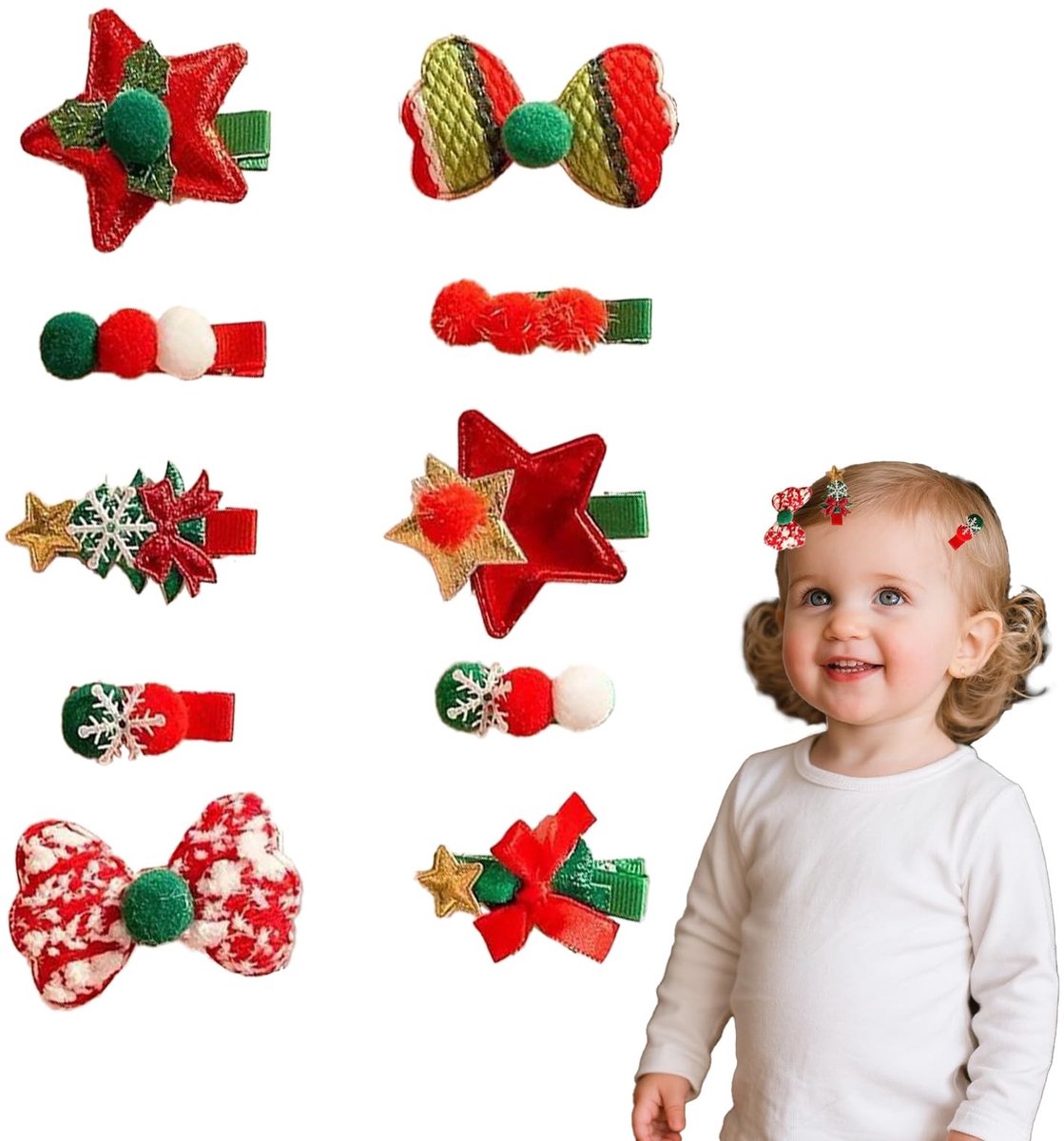 Dailygoods- Kersthaarspelden 10 stuks - Haaraccessoires voor kinderen - Strikken/Sterren - Feestelijke decoratie - Perfect cadeau - Glanzend ontwerp
