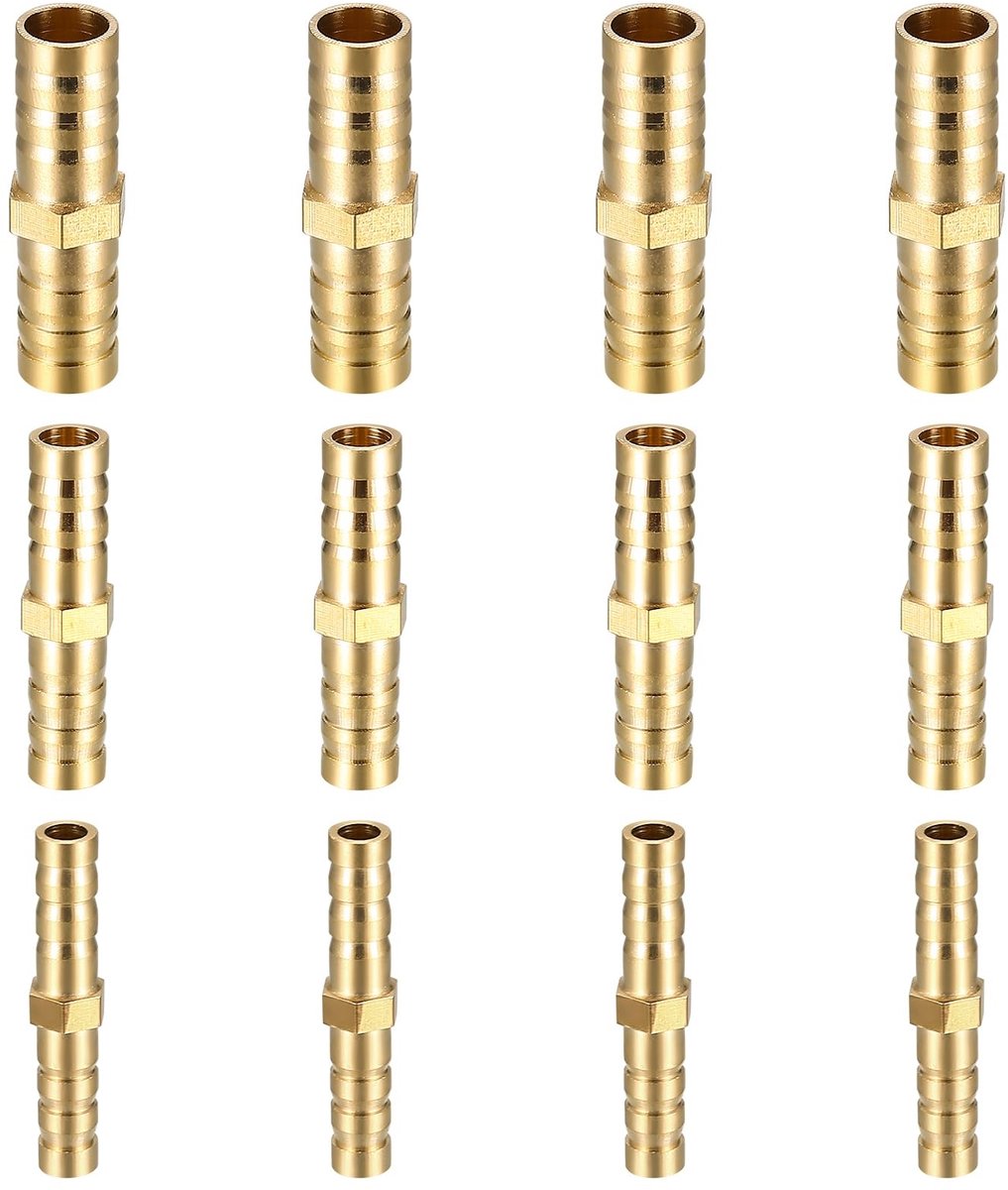 Dailygoods- Slangkoppelingen 12 Stuks - Messing Weerhaak - 6 mm/8 mm/10 mm - Aansluitingen voor Slangen - Goudkleurig - Voor Lucht/Water/Brandstof - Slangfitting