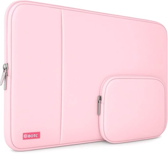 Roze laptophoes met ritssluiting aan de zijkant en een apart, smaller voorvakje met ritssluiting. BOTC logo linksonder.