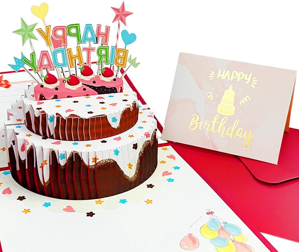 Dailygoods- Verjaardagskaart Pop-up - Roze Handgeschreven Wenskaart - 3D Aardbeientaart - Karton - 15 x 15 cm - Milieuvriendelijk