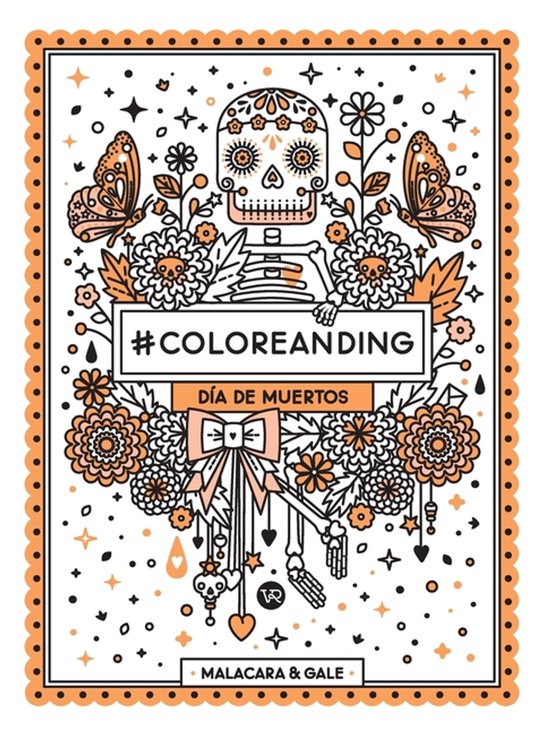 Page de coloriage avec #COLOREANDING et 'DÍA DE MUERTOS' dans un style Día de Muertos avec un crâne en sucre, des papillons et des fleurs.