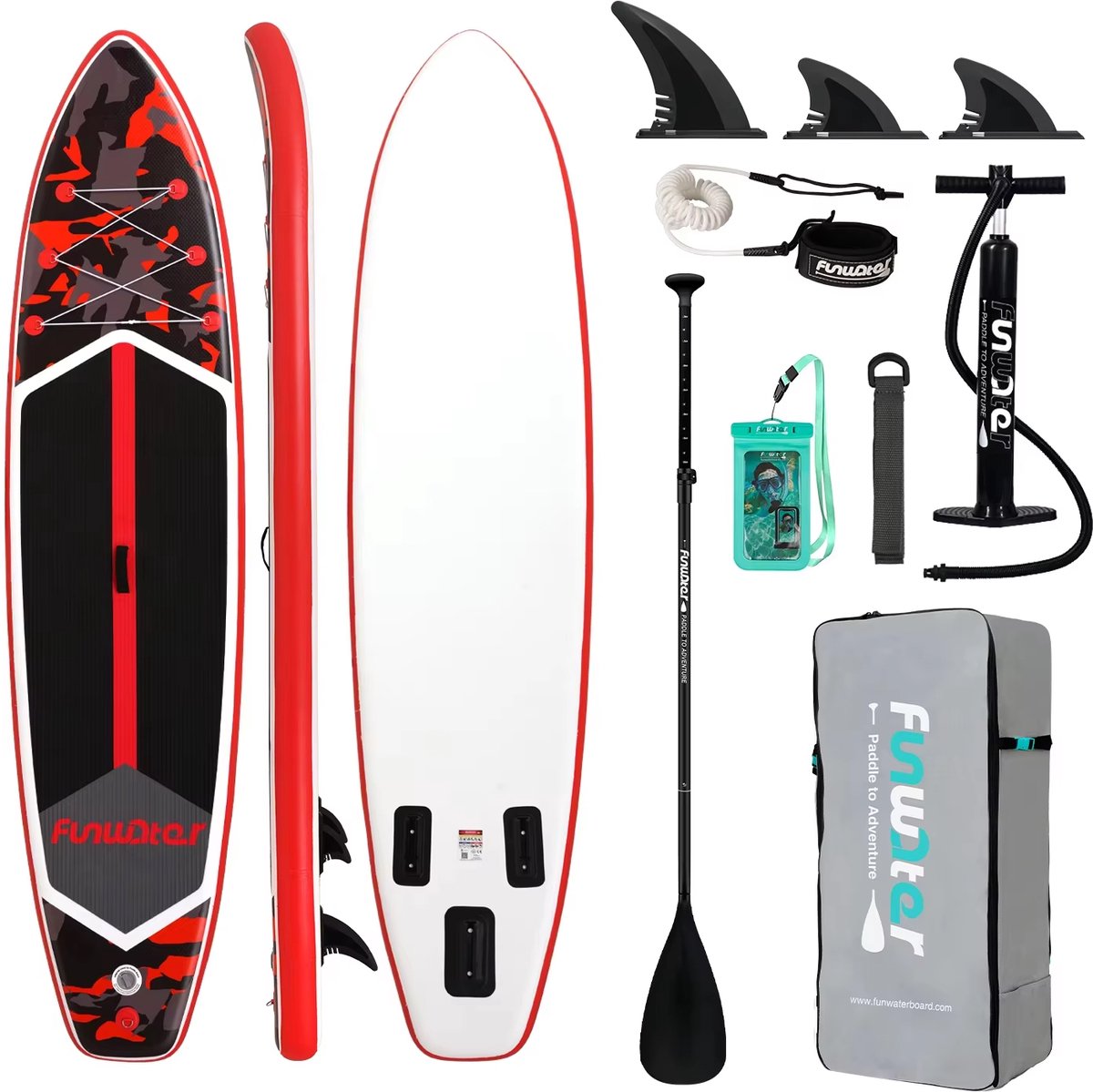 FUNWATER SUPFW32A – Opblaasbare SUP plank camouflage rood/zwart 350x83x15 cm – stabiel – ideaal voor yoga & beginners