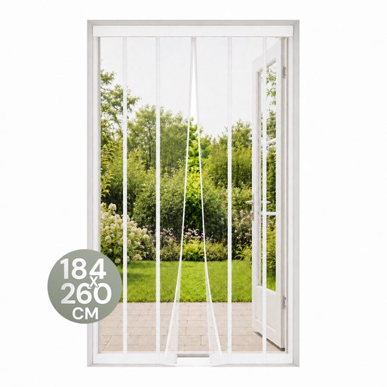 Witte lamellenhor van 184x260 cm, gemonteerd in een deuropening met zicht op een tuin.