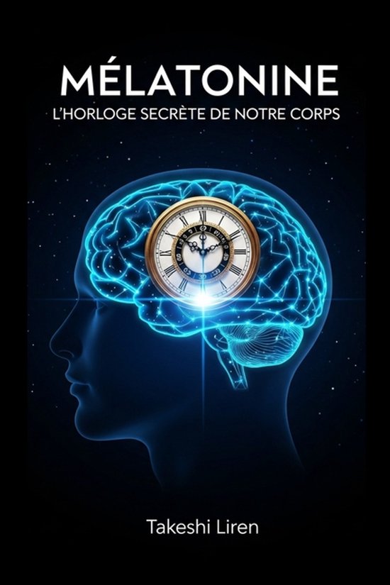 Boekomslag met de titel 'Mélatonine: L'horloge secrète de notre corps' en een afbeelding van een menselijk brein met een klok erin.
