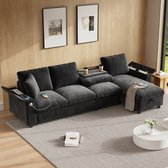 L-vorm chenille slaapbank met uitklapbare tafel en USB - 3-4 personen - grijs - 2 drankhouders en opbergvak in armleuning - omkeerbare chaise longue - extra brede zitting
