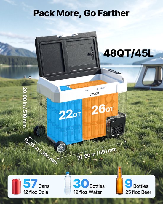 VEVOR Auto-Koelkast, DC 12/24V AC100-240V Compressor Elektrische Koeler, -20°C tot 20°C Vrachtwagenkoelkast met App-Bediening, Wielen & Dubbele Zone, 45L Auto-Koeler voor Rvs, Boten, Kampen, Vissen van Vevor — afbeelding 4