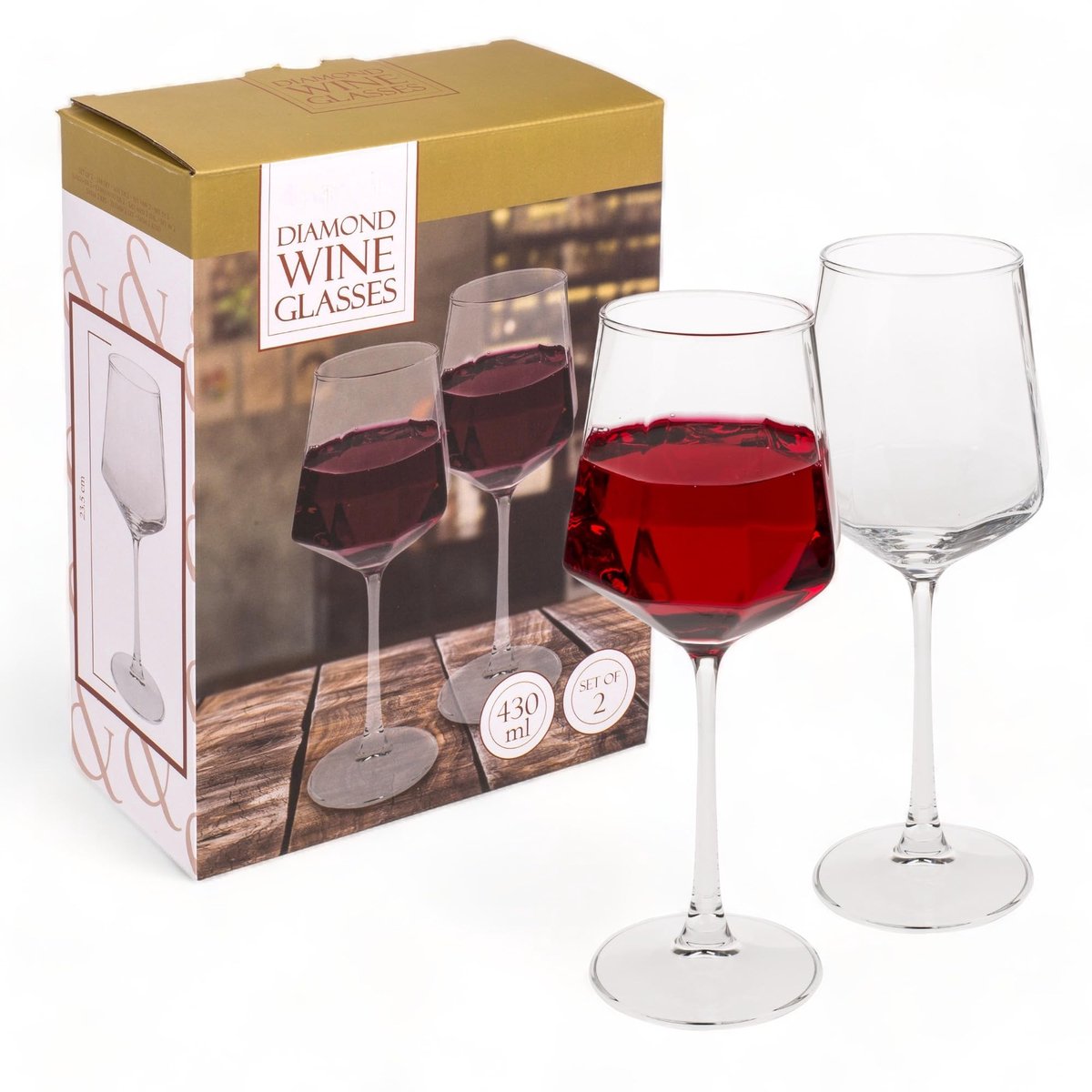 Dailygoods- Wijnglazen Set van 2 - Diamantvorm - Inhoud 430 ml - Stijlvol Design - Perfect voor Speciale Gelegenheden - Hoogwaardige Kwaliteit - Wijnbekers
