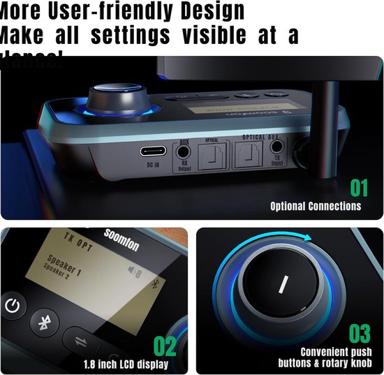 KAD® Bluetooth Adapter - 3-in-1 Bluetooth TV-adapter - Bluetooth Receiver - Bluetooth Transmitter - Zwart - 11cm x 10cm x 3cm van kad — afbeelding 2