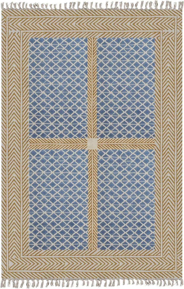 Runner Kelim Tapijt - Vloerkleed Loper - Binnen Buiten Gebruik - Authentieke Handblokprint - 90x360 cm - Blauw Bruin