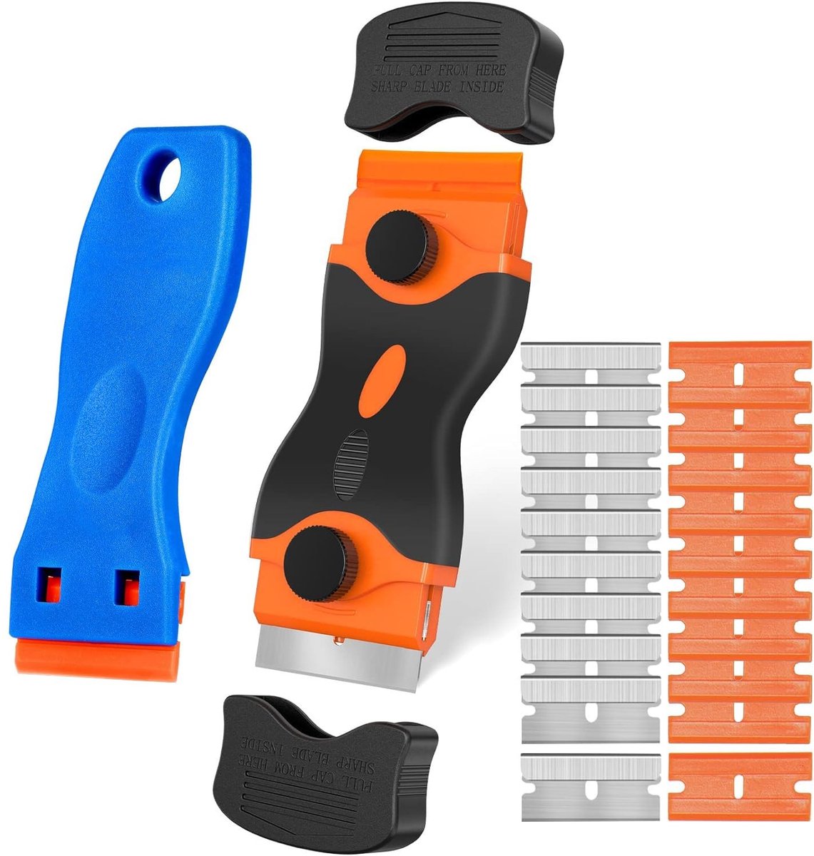 Dailygoods- Schraper met dubbele kop - Plastic Schraper - Kunststof/Roestvrijstalen Messen - Kookplaat/Glasschraper - Hardnekkig Vuil Verwijderen - Quick Change-functie - Reinigingsset