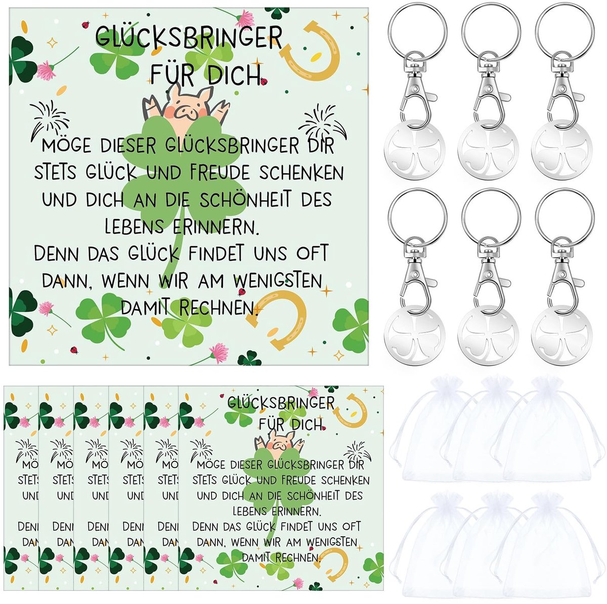 Dailygoods- Geluksbrenger Sleutelhanger - Geluksbrenger Wenskaarten - Geluksbrenger Cadeautje - Winkelwagenchips - Klaverblad - Symbool voor Vriendschap - Geluksartikel