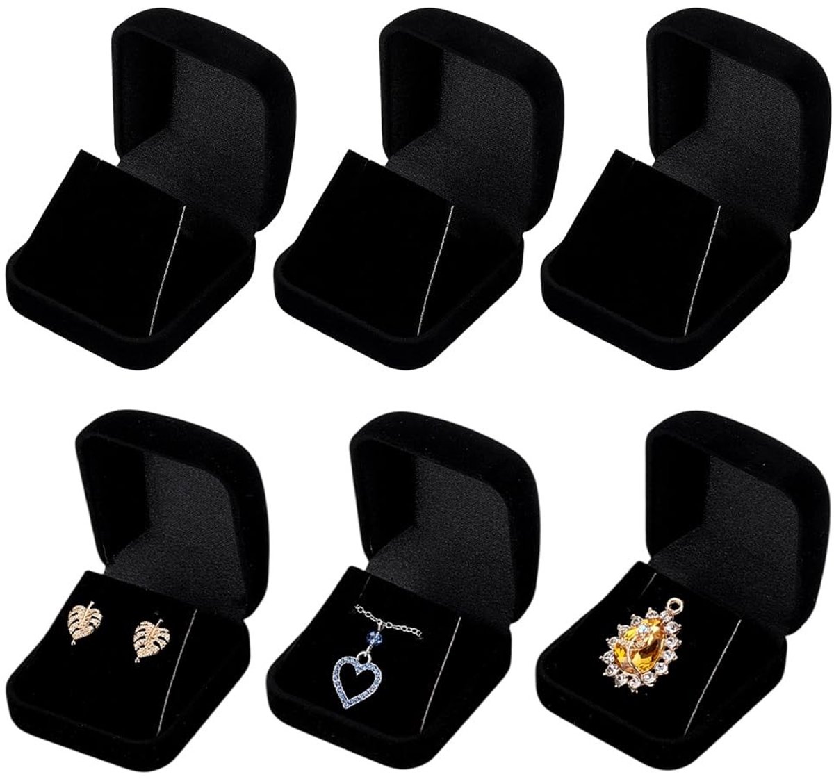 Dailygoods- Sieradengeschenkdozen 6 stuks - Fluwelen Verpakking - Zwart - Opbergstandaard voor Oorbellen/Halskettingen - Luxe Afwerking - Afmetingen 5,85 x 5,25 x 3,55 cm - Sieradenbox