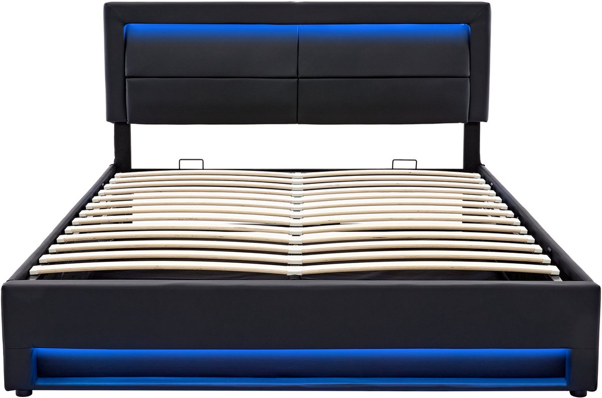 COVREO Gestoffeerd bed met USB-poorten en ledverlichting – 140x190 cm – Bedframe met opbergruimte – voor slaapkamergebruik – Zwart - zonder matras