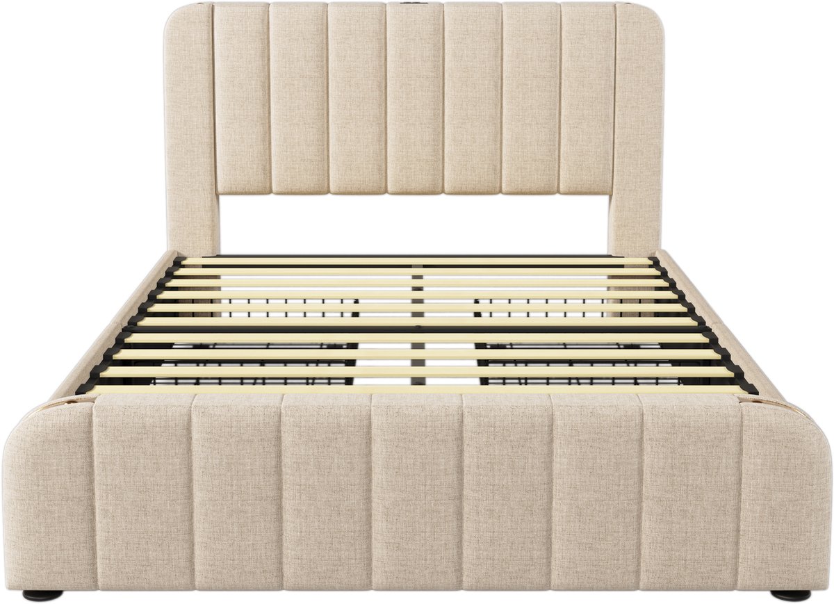 COVREO Polsterbett 160x200 cm, gepolstertes Kopfteil mit goldenen Zierstreifen, USB Typ-C Ladefunktion, Beige Leinen-Material, 4 Schubladen, Belastbarkeit 200 kg