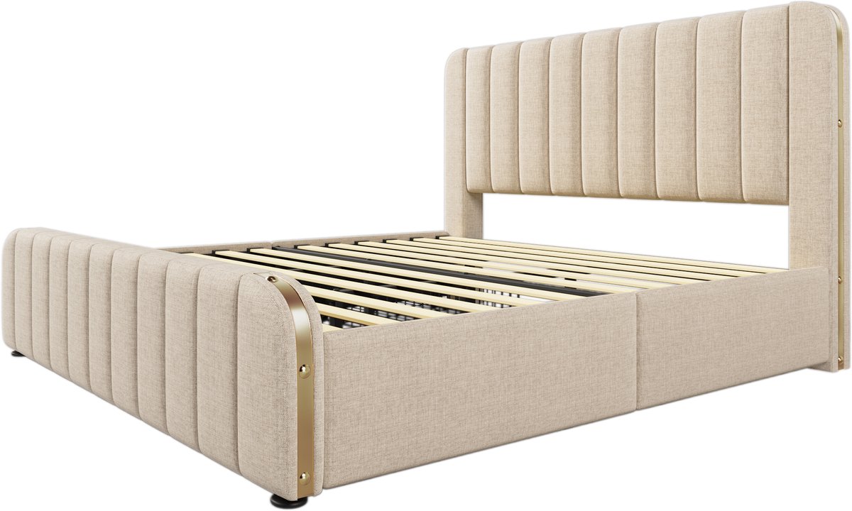 COVREO Bedframe 180x200 cm - beige, 4 lades, USB-C, zonder matras