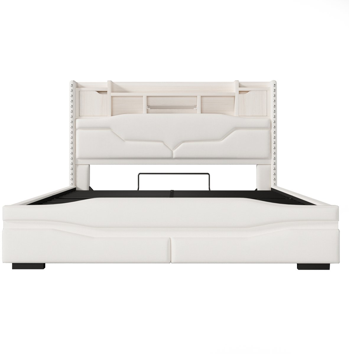 Gestoffeerd bed, 160x200 cm, met USB-C-oplaadpoort, sfeerverlichting onder het bed, opbergruimte in het hoofdeinde, hydraulisch opbergbed, matras niet inbegrepen, met ledverlichting, beige.