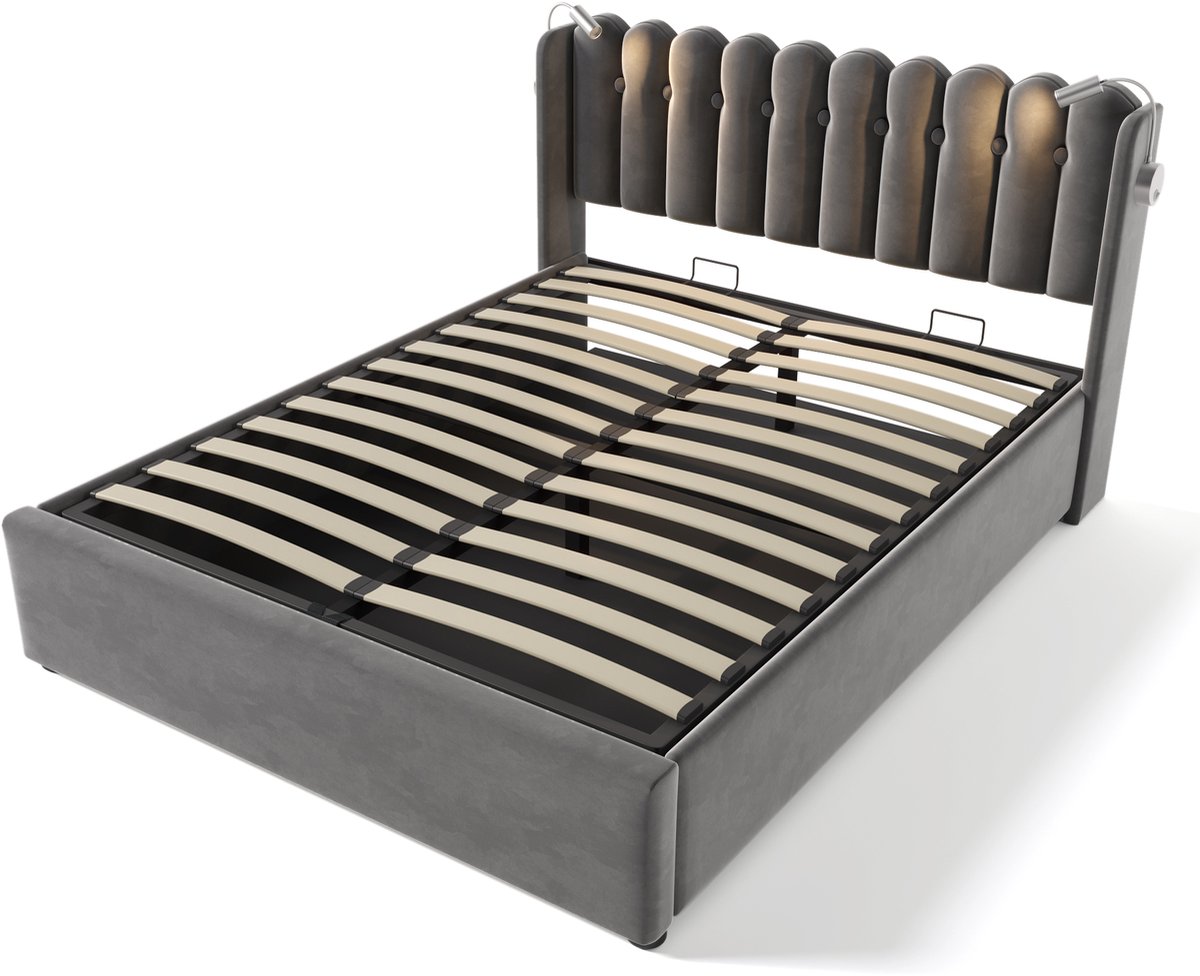 COVREO Bed 140x200 cm grijs met opbergruimte en USB zonder matras