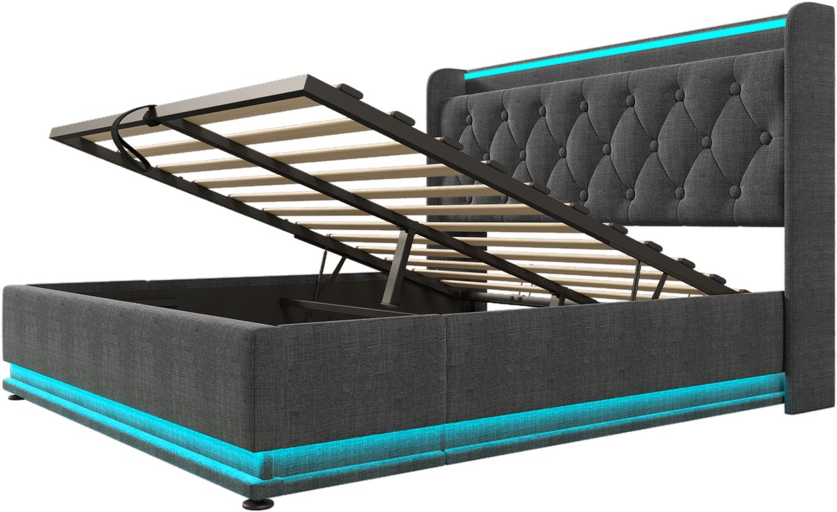 COVREO Bedframe 160x200 cm - grijs, stoffen bed met LED, zonder matras Grey
