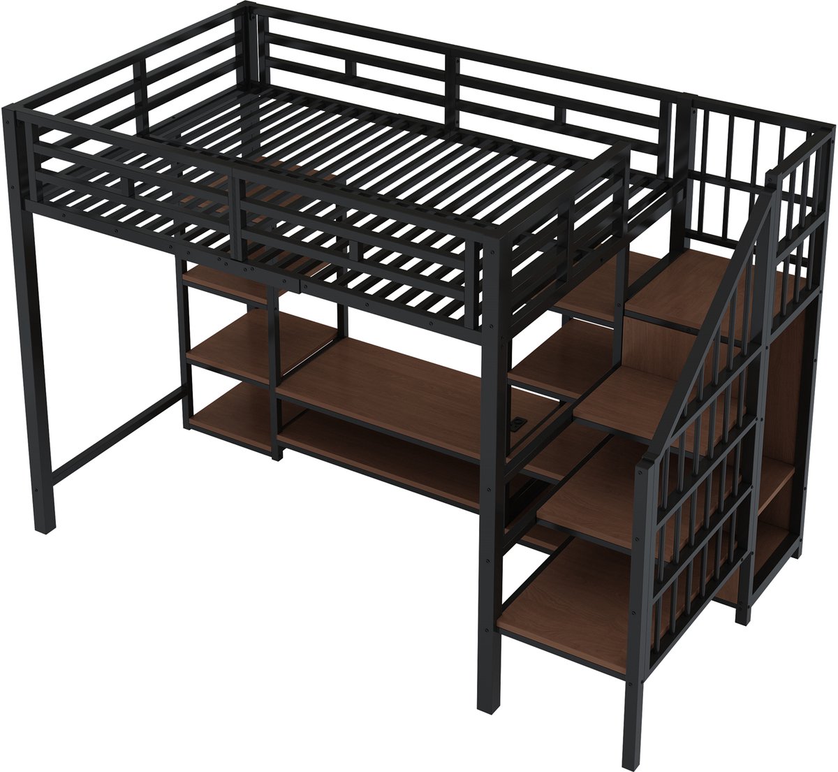 COVREO Hoogslaper met bureau en opbergruimte – 90x200 cm – Metaal en MDF – tv-staander en stekkerdoos – Zwart - zonder matras