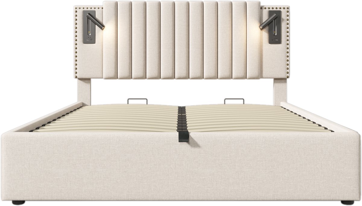 COVREO Bedframe met verlichting en USB-aansluiting – 140x200 cm – Gestoffeerd bed van katoen – met opbergruimte – Beige - zonder matras