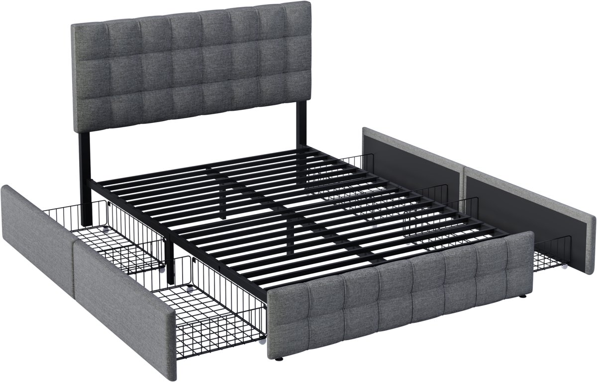 COVREO Bedframe 140x200 cm - grijs, 4 lades, lattenbodem, zonder matras
