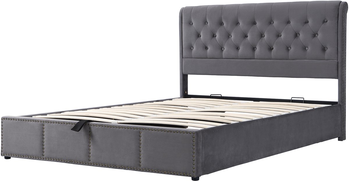 COVREO Bedframe 160x200 cm - grijs stof, opbergbed, zonder matras