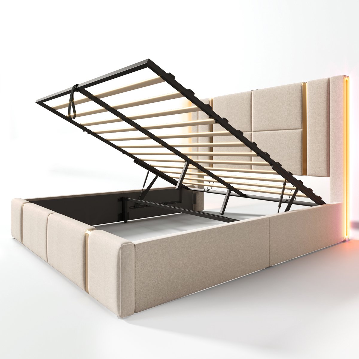 COVREO Polsterbett Doppelbett 160x200cm met USB-C oplaadfunctie, APP-Control, LED-be lighting en opbergruimte in Beige Leinenstof