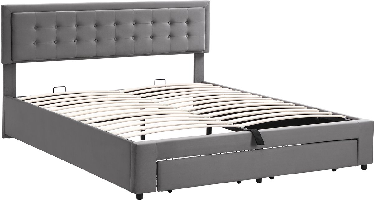 Bed met opbergvakken en lades, bekleed met fluweel, lattenbodem, tweepersoonsbed, grote opbergruimte, 180 x 200 cm, grijs.