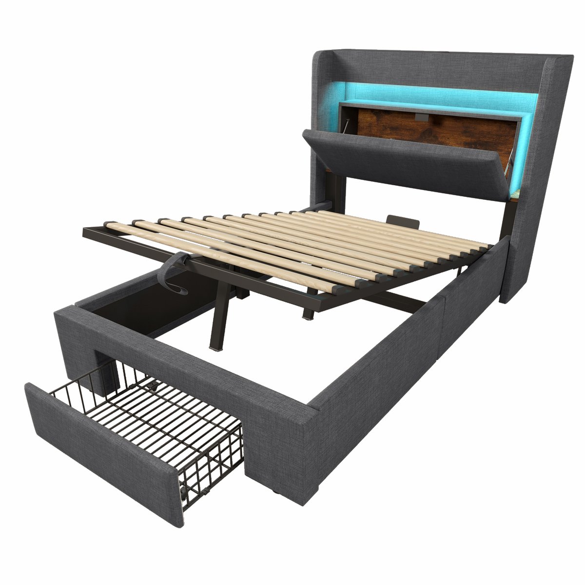 COVREO Gestoffeerd bed met opbergruimte – 90x200 cm – Bedframe met USB-C en LED – voor slaapkamer en logeerkamer – Grijs - met matras