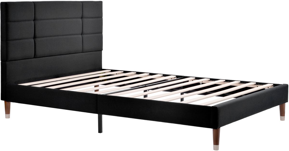 COVREO Bed 140x200 cm zwart stof, met matras lattenbodem en hoofdbord