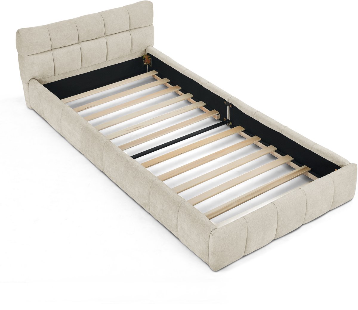 COVREO Bed 217x108x59 cm – beige chenille, 90x200 cm, houten en metalen frame
