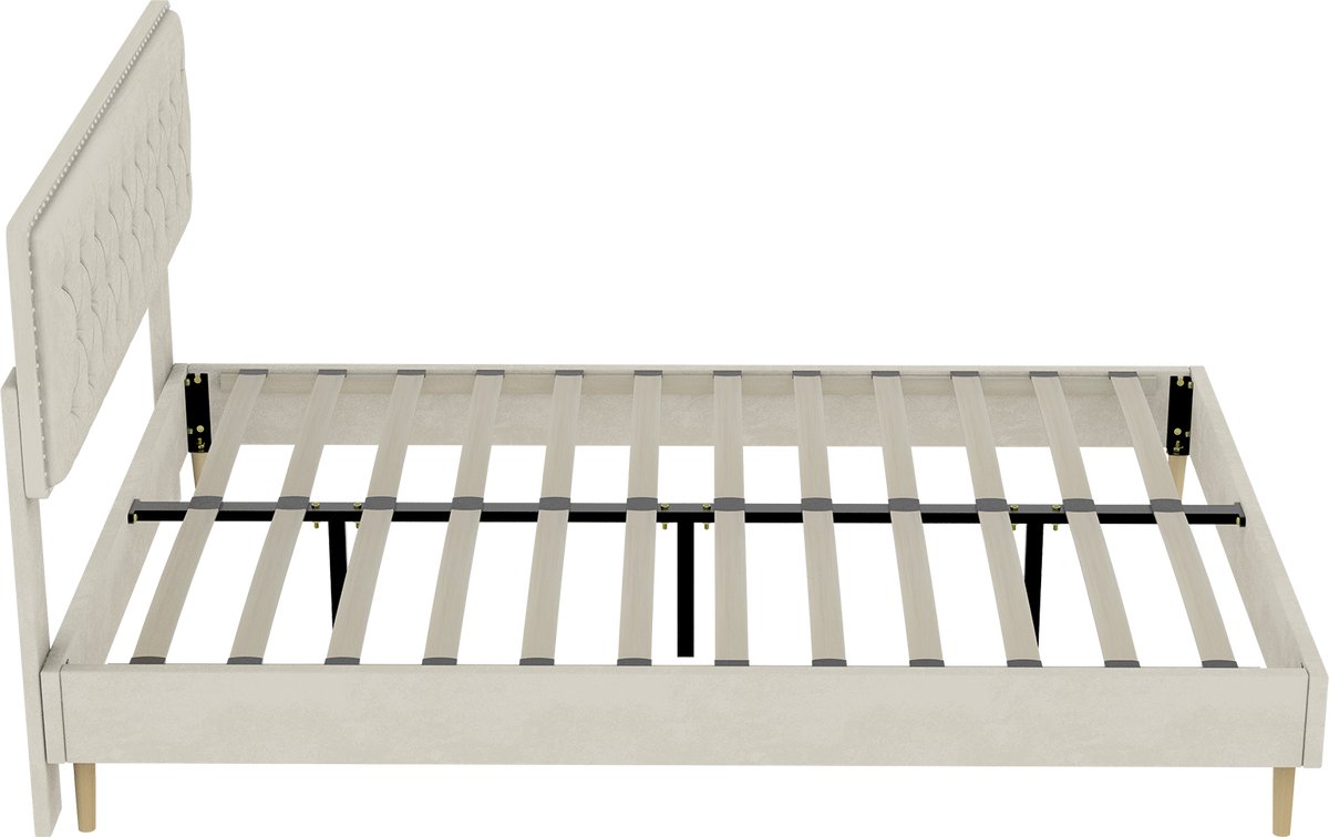 COVREO Bedframe met hoog hoofdbord – 160x200x133 cm – Ledikant van stof en metaal – met opbergruimte onder het bed – Beige - zonder matras
