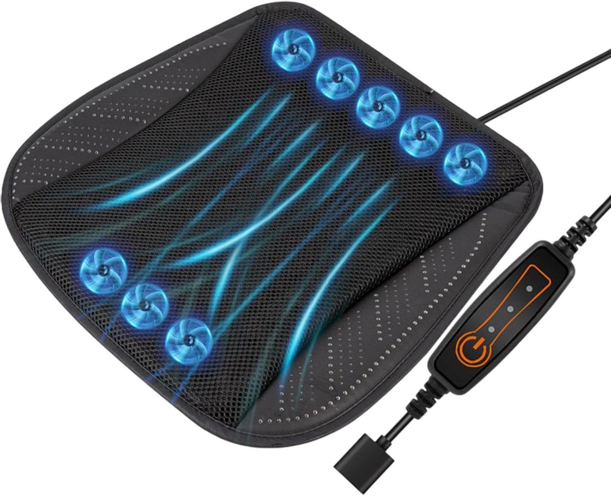Koel kussen - Stoel ventilator - Comfortabel reizen - 8 snelle ventilatoren - 44x44 cm - Zwart