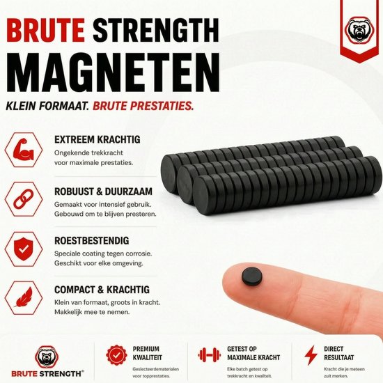 Stapel zwarte, cilindervormige magneten, met een kleine zwarte magneet op een vingertop.