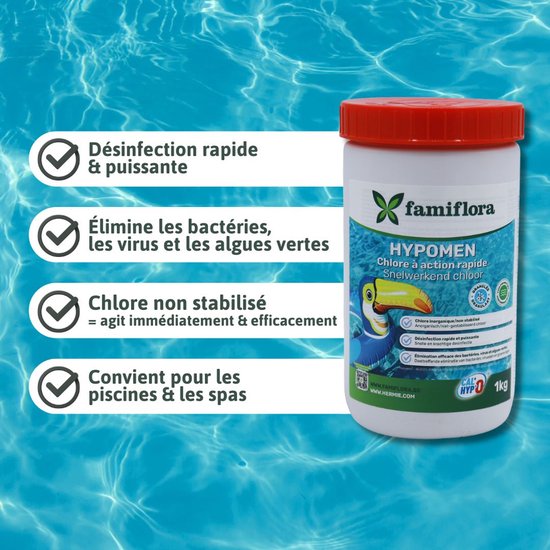 Witte pot met rode dop, achtergrond met water. Label met 'famiflora', 'HYPOMEN', tukan op zwemband, en tekst: 'Désinfection rapide & puissante'.